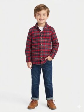 Vineyard Vines Red and Navy Tartan Plaid Button-Down Flannel Shirt Boys Sz 5